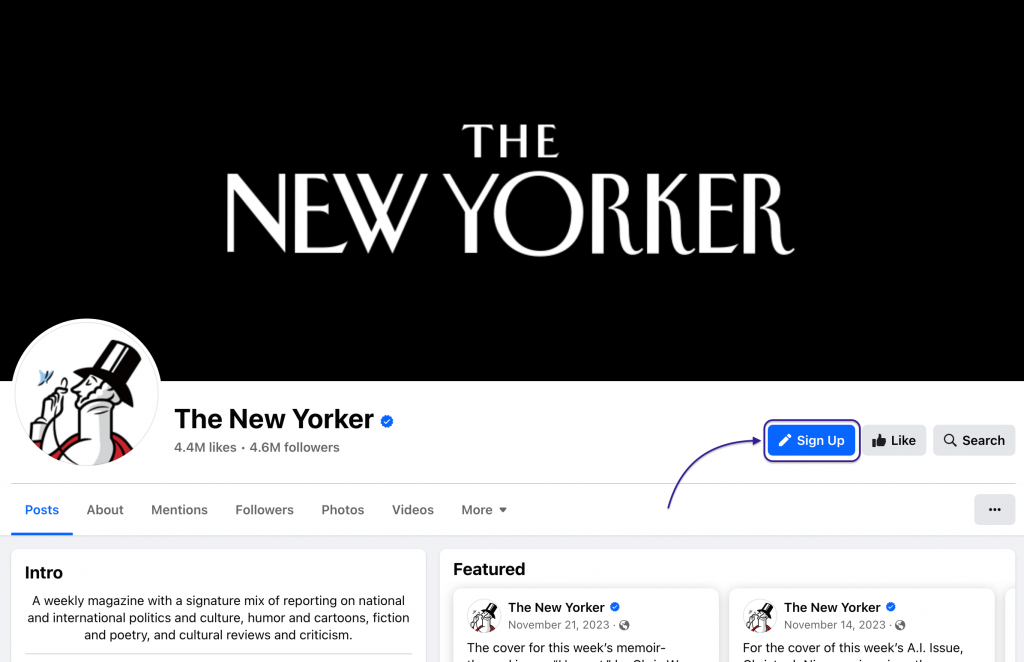 the new yorker facebook sign up button to collect email list